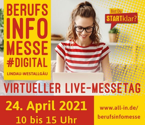 Berufsinfomesse digital Frau mit Brille und Textelemente